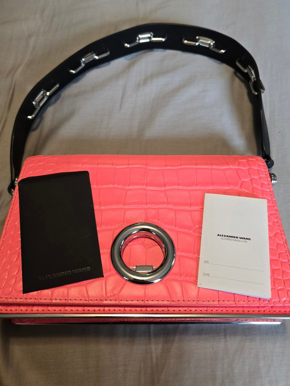 Alexander Wang Pink Leather Croc Embossed Riot Bag Black Chain Strap Care Card